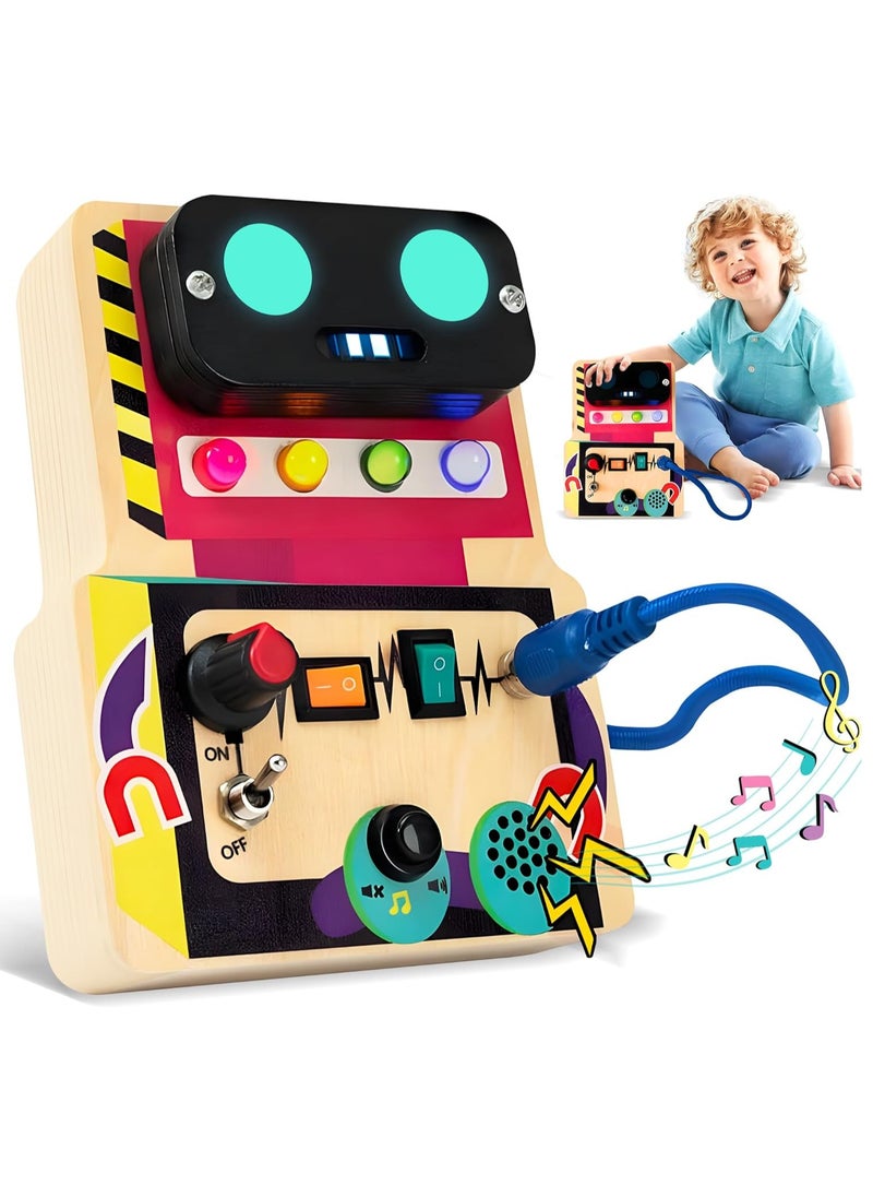 Wooden Montessori Busy Board, Sensory Board for Kids with LED Light Switches and Toggle Switch, Portable Fidget Toy Great for Travel and Preschool Learning Activities