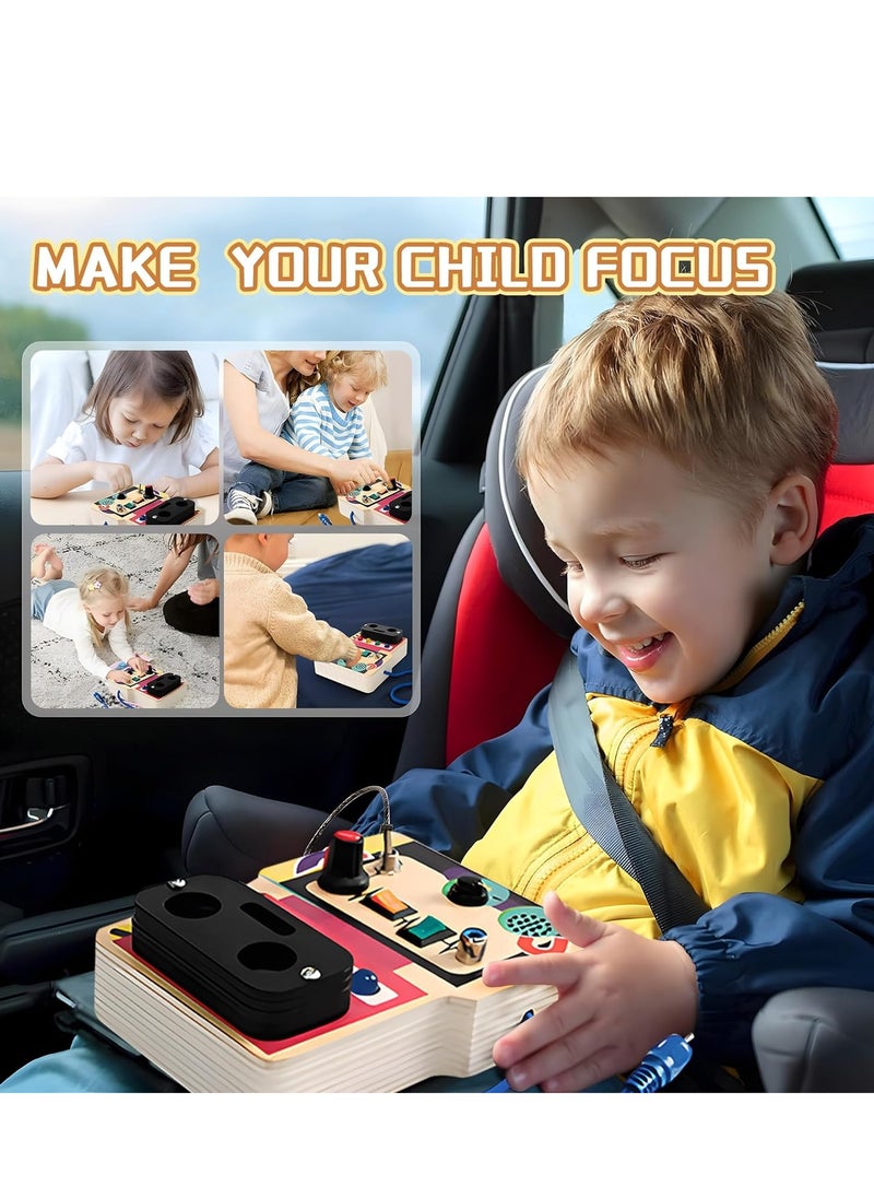 Wooden Montessori Busy Board, Sensory Board for Kids with LED Light Switches and Toggle Switch, Portable Fidget Toy Great for Travel and Preschool Learning Activities