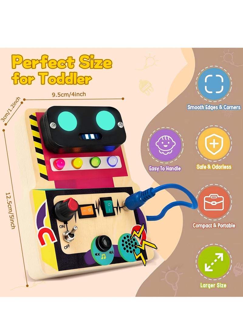 Wooden Montessori Busy Board, Sensory Board for Kids with LED Light Switches and Toggle Switch, Portable Fidget Toy Great for Travel and Preschool Learning Activities