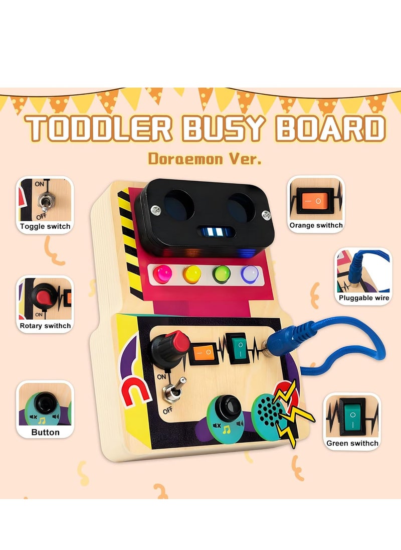 Wooden Montessori Busy Board, Sensory Board for Kids with LED Light Switches and Toggle Switch, Portable Fidget Toy Great for Travel and Preschool Learning Activities