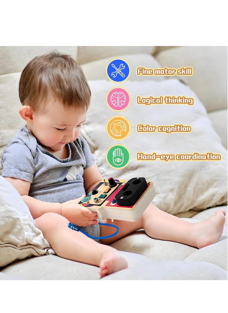 Wooden Montessori Busy Board, Sensory Board for Kids with LED Light Switches and Toggle Switch, Portable Fidget Toy Great for Travel and Preschool Learning Activities