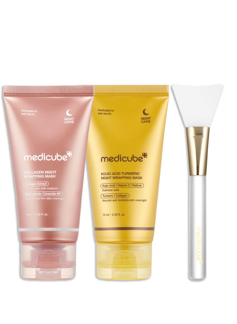 medicubeViral Glass Glow Overnight Wrapping Mask Duo: Collagen Overnight Wrapping Peel Off Facial Mask Pack and Turmeric Overnight Wrapping Peel Off Mask and Jelly Brush