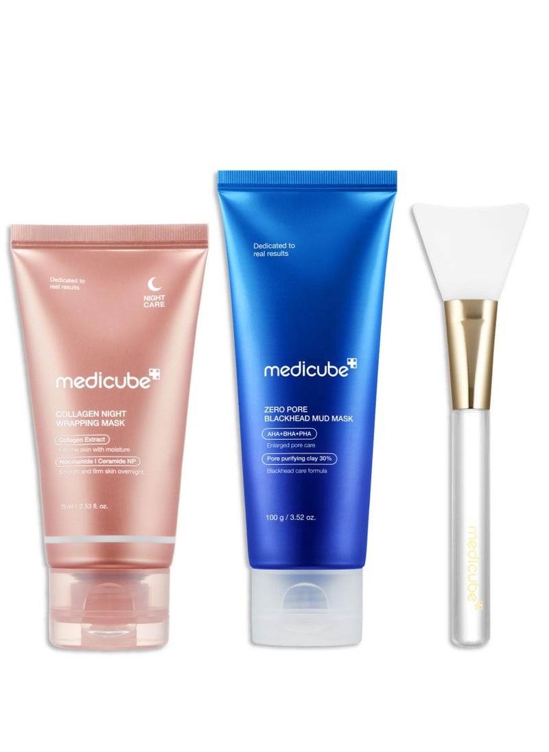 Viral Glass Skin Faical Mask Duo: Collagen Overnight Wrapping Peel Off Facial Mask Pack & Zero Pore Blackhead Mud Facial Mask & Jelly Brush