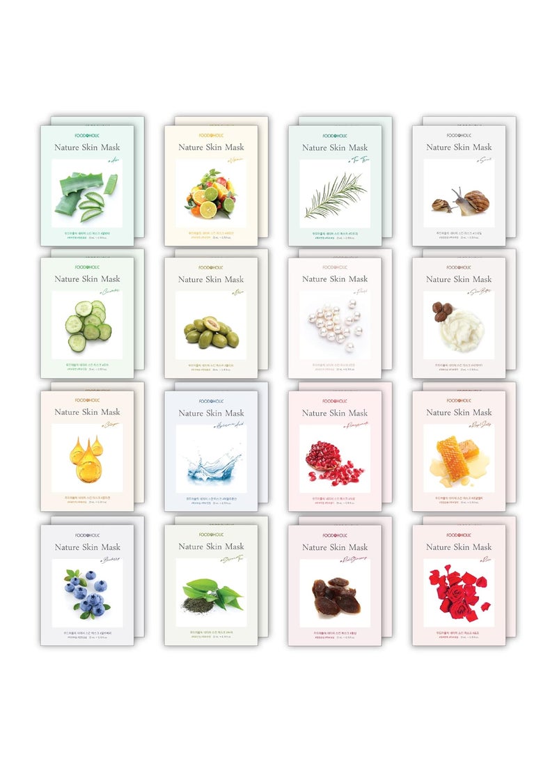 【 Nature Skin 】 32 Pcs Combo-Pack, Premium Korean Essence Facial Mask Sheet (16 Types x 2 pcs)
