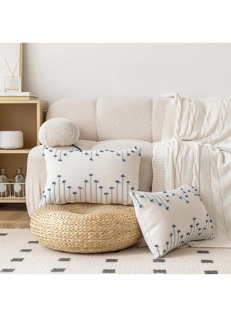 ALSTONIA Handwoven Throw Pillow Covers Natural Cotton Decorative Textured Pillowcase Modern Lumbar Pillow Covers for SofaCouch Living RoomBedroom12x20 Inches Set of 2 Blue White