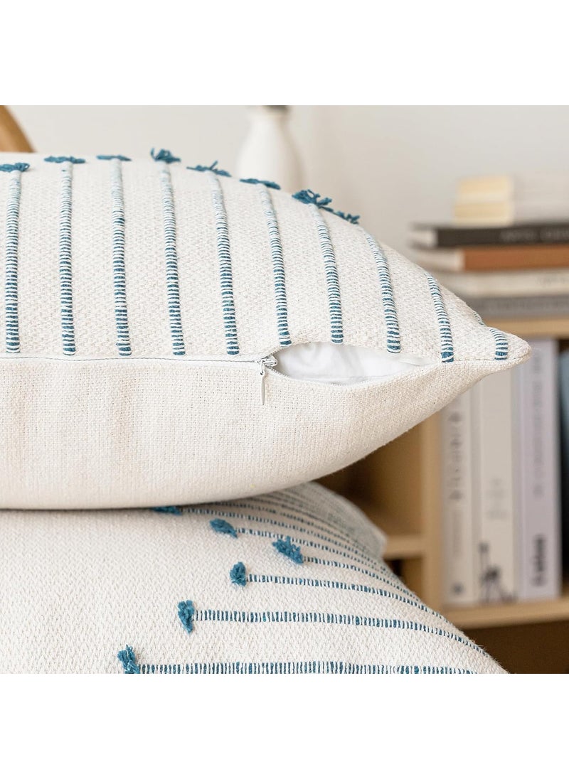 ALSTONIA Handwoven Throw Pillow Covers Natural Cotton Decorative Textured Pillowcase Modern Lumbar Pillow Covers for SofaCouch Living RoomBedroom12x20 Inches Set of 2 Blue White
