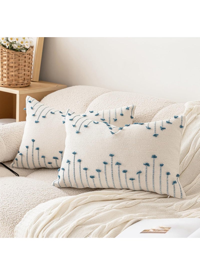 ALSTONIA Handwoven Throw Pillow Covers Natural Cotton Decorative Textured Pillowcase Modern Lumbar Pillow Covers for SofaCouch Living RoomBedroom12x20 Inches Set of 2 Blue White
