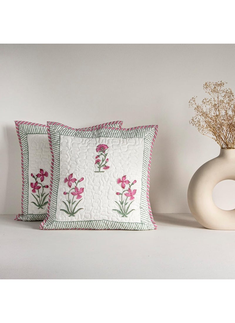 HOMEMONDE Quilted 16 X 16 Inches Soft Throw Cushion Cover Pack Of 2 Jaipuri Hand Block Print Cotton Pillow Covers Pink 300 TC