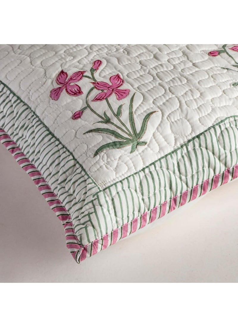 HOMEMONDE Quilted 16 X 16 Inches Soft Throw Cushion Cover Pack Of 2 Jaipuri Hand Block Print Cotton Pillow Covers Pink 300 TC