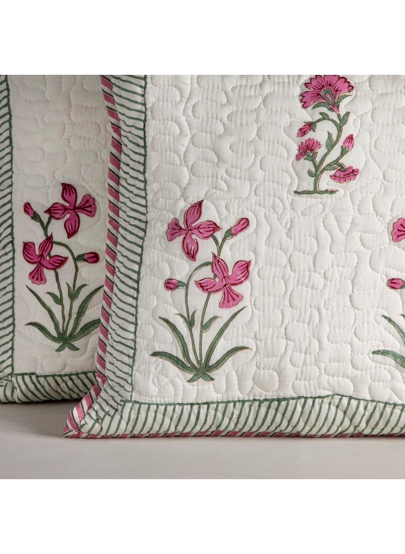 HOMEMONDE Quilted 16 X 16 Inches Soft Throw Cushion Cover Pack Of 2 Jaipuri Hand Block Print Cotton Pillow Covers Pink 300 TC