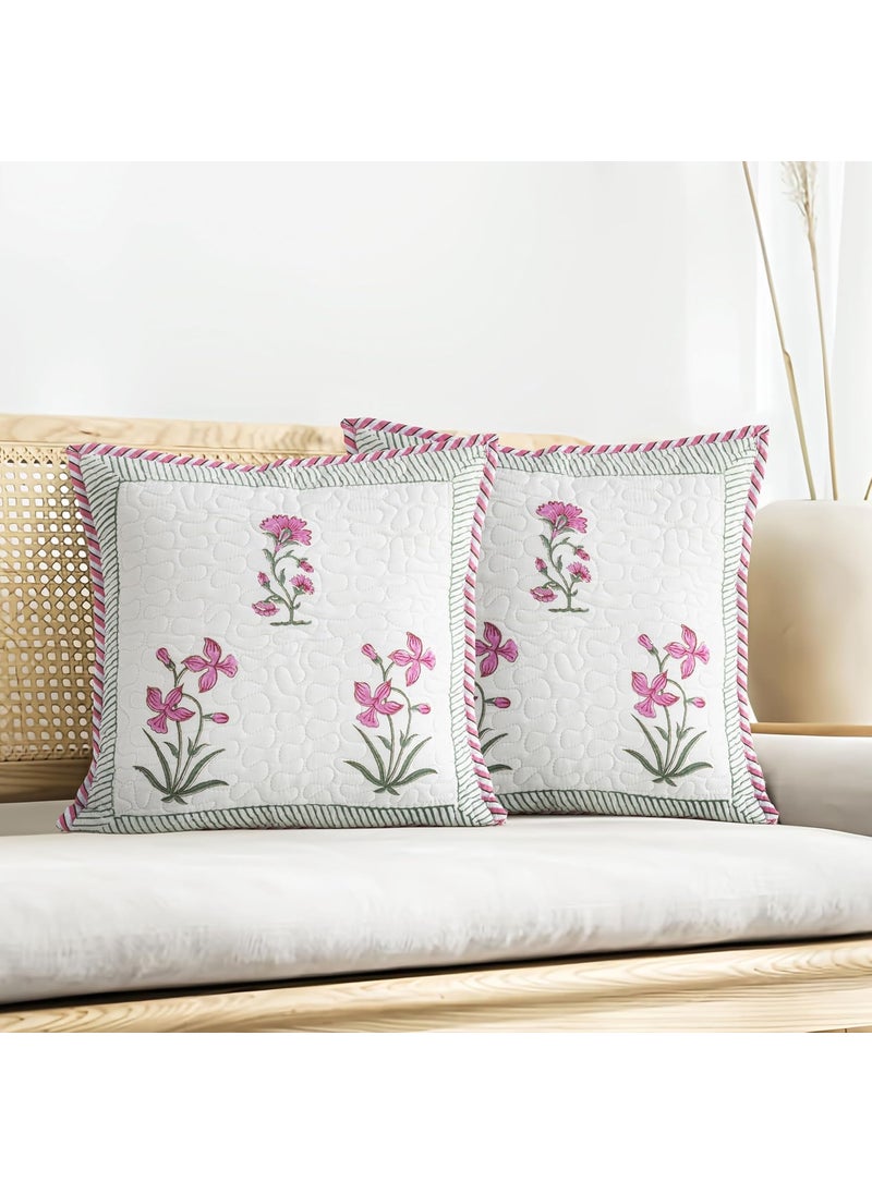 HOMEMONDE Quilted 16 X 16 Inches Soft Throw Cushion Cover Pack Of 2 Jaipuri Hand Block Print Cotton Pillow Covers Pink 300 TC