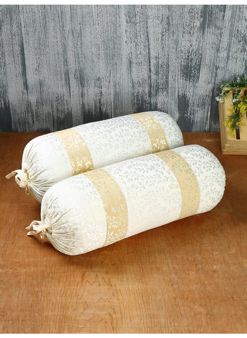 THE CONVERSION Set of 2 Premium Jacquard Cotton self Paisley Design Cream Color Pure Mercerized Bolster CoverLoad Cover with Mix and Match Strap Design 2 pc 15x30 38 cm x 75 cm