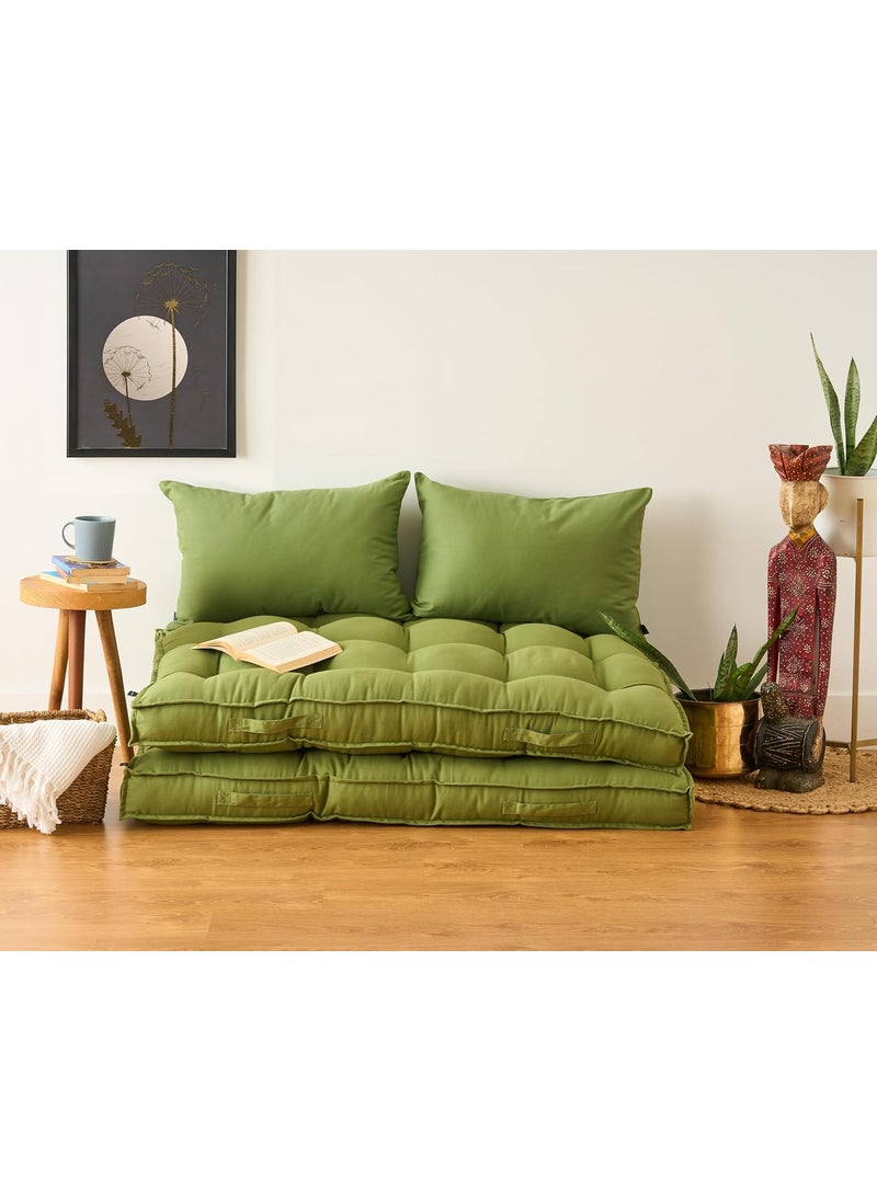 SKANDA FAB Low Seating Cushion 100 Cotton Twill HandPlotted Microfiber Filling Floor Cushion with 2 Back Support Cushions Ideal for Living Room Balcony Lounge 80x120 Light Green Pack of 2