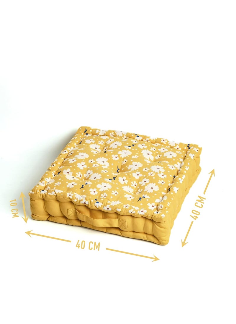 SKANDA FAB Floor Cushion Premium HandPlotted Cotton Print Floor Cushions Polyester Fill 100 Cotton Twill Durable Stylish Flower Mustard 40 x 40 x 8 cm Pack of 2