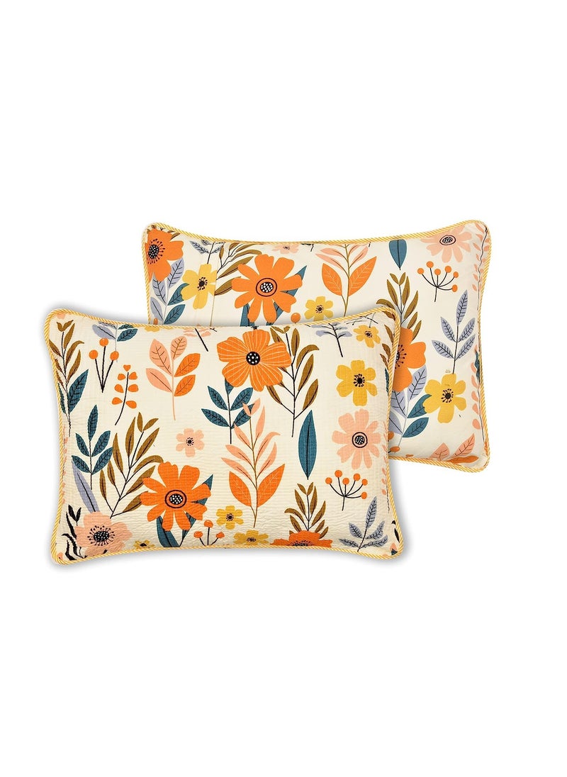 RRC Quilted Floral Print Cotton Pillow Covers Set of 217X27Inches 220 GSM Soft Cotton Quilted Pillow Cover Protector Zippered Closure