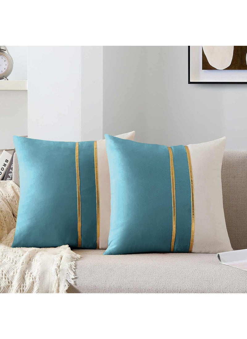 AEROHAVEN Set of 2 Premium Velvet with Gold Stripes Decorative Throw PillowCushion Covers with Invisible Zipper 16 x 16 Inch Aqua