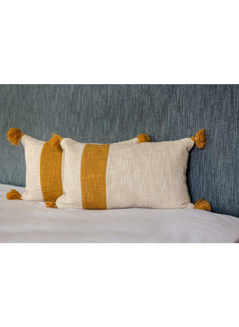aRDENMEAD Decorative Handmade Cotton Tassel ThrowPillow Cushion Cover Set Of 2 12 X 20 Inches 30 X 50 Cm Yellow 210 TC