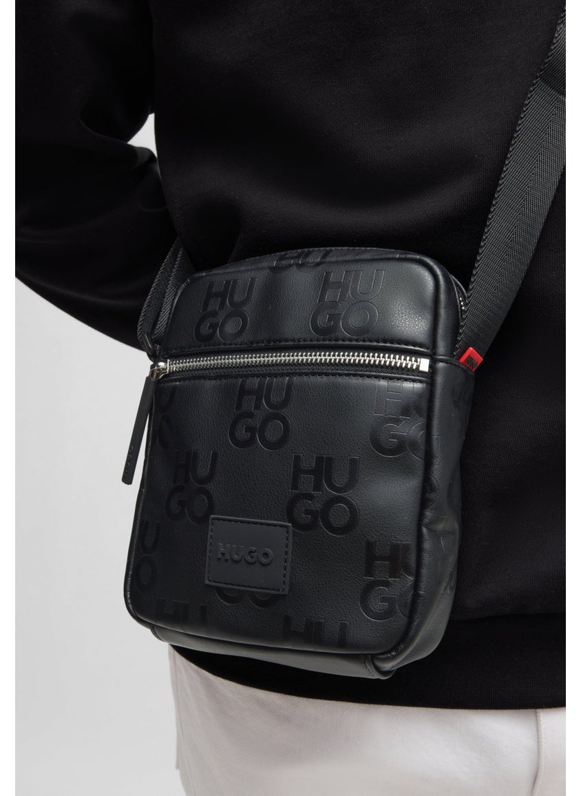 Faux-leather reporter bag with stacked-logo pattern