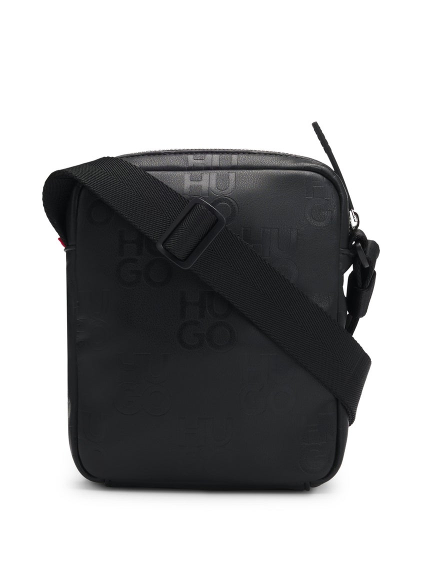 Faux-leather reporter bag with stacked-logo pattern