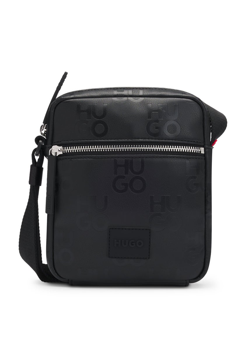 Faux-leather reporter bag with stacked-logo pattern