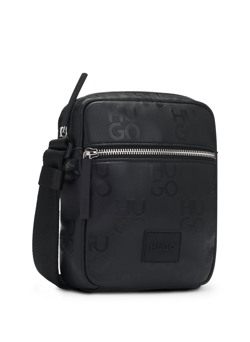Faux-leather reporter bag with stacked-logo pattern