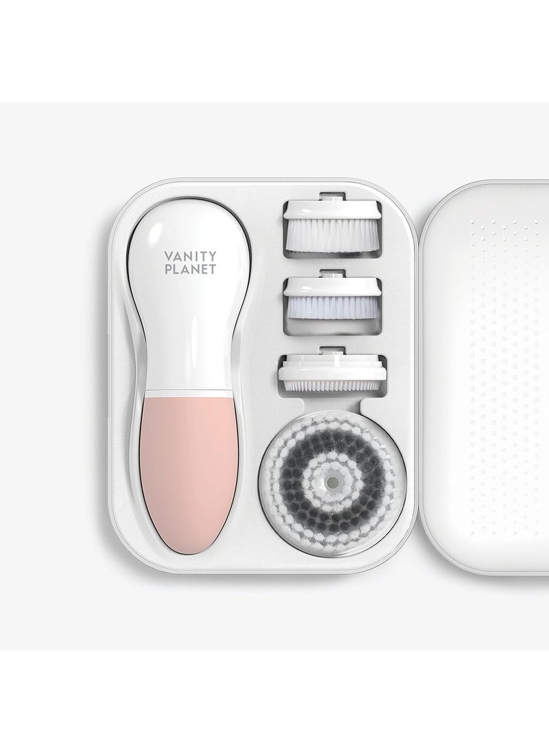 Raedia Daily Facial Cleansing Brush with 4 Interchangeable Brush Heads by Vanity Planet - Handheld, Lightweight for Glowing Skin - Water Resistant Face Exfoliator - Dusty Pink
