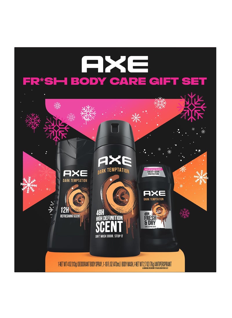 AXE Gift Set for Men Dark Temptation Fresh Body Care Set  AXE Body Wash AXE Body Spray  AXE Antiperspirant 48H Odor  Sweat Protection Dark Chocolate Scent 3 Piece Set