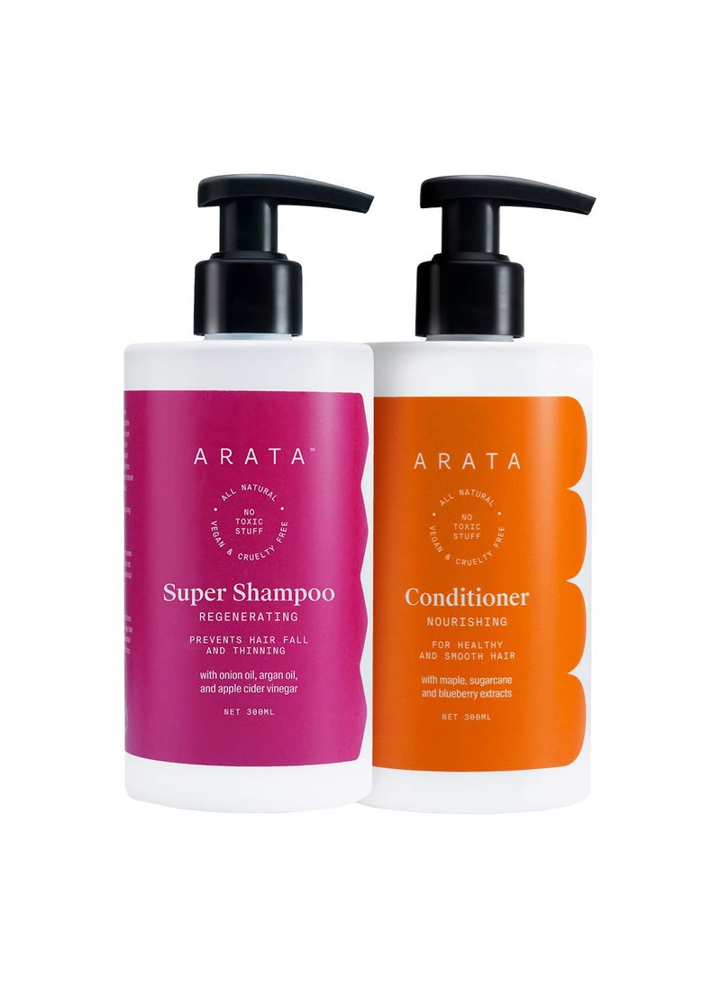 Arata Hair Fall Control Combo With Onion Oil, Argan Oil & Bhringraj || Power Of 5 In 1 Super Shampoo (300 Ml) And Conditioner || All-Natural & Cruelty-Free