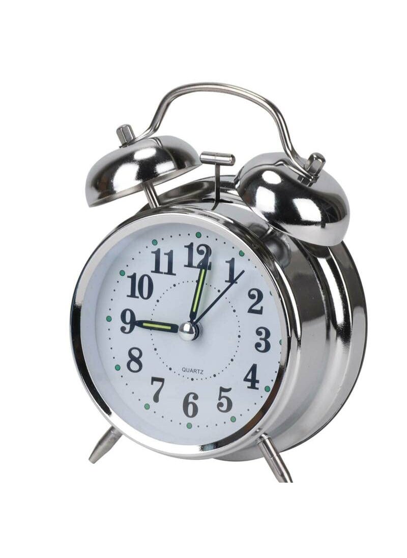 ASTOUND Double Twin Bell Slivery Alarm Clock with Battery Operated Luminous Alarm Clock Hands Backlight on Demand Loud Alarm for Deep Sleepers