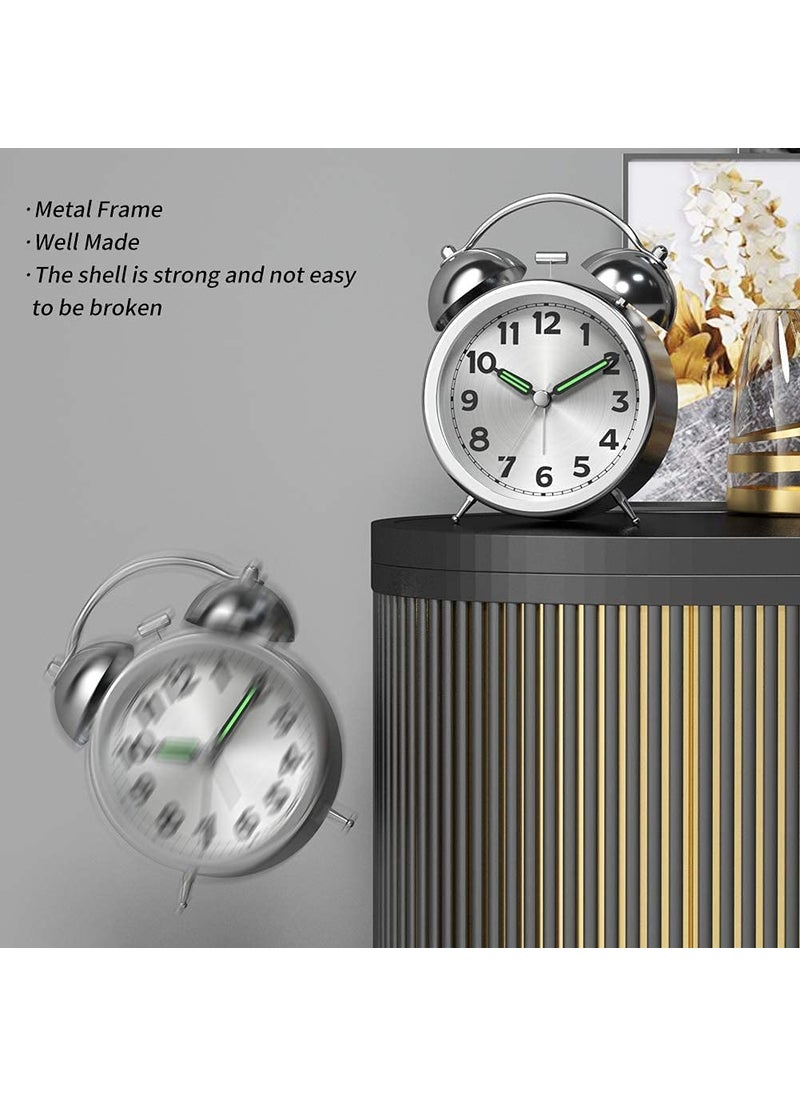 ASTOUND Double Twin Bell Slivery Alarm Clock with Battery Operated Luminous Alarm Clock Hands Backlight on Demand Loud Alarm for Deep Sleepers