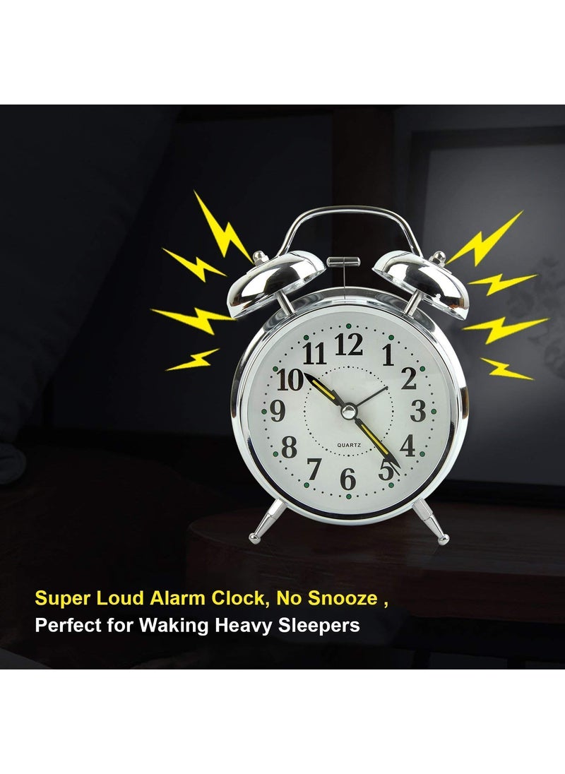 ASTOUND Double Twin Bell Slivery Alarm Clock with Battery Operated Luminous Alarm Clock Hands Backlight on Demand Loud Alarm for Deep Sleepers