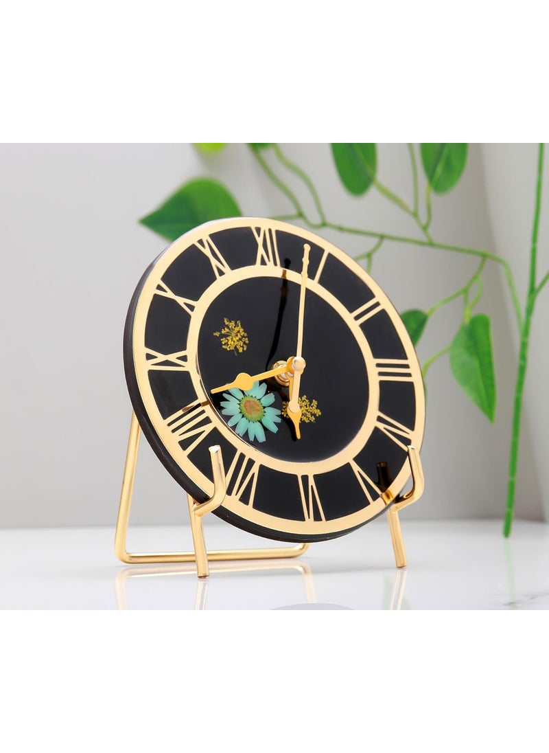 HandArted Statement Resin Table Clock Silent Quartz Battery Powered Elegance Real Flower Preserved 6 Inch Table Clock Black Table Clock