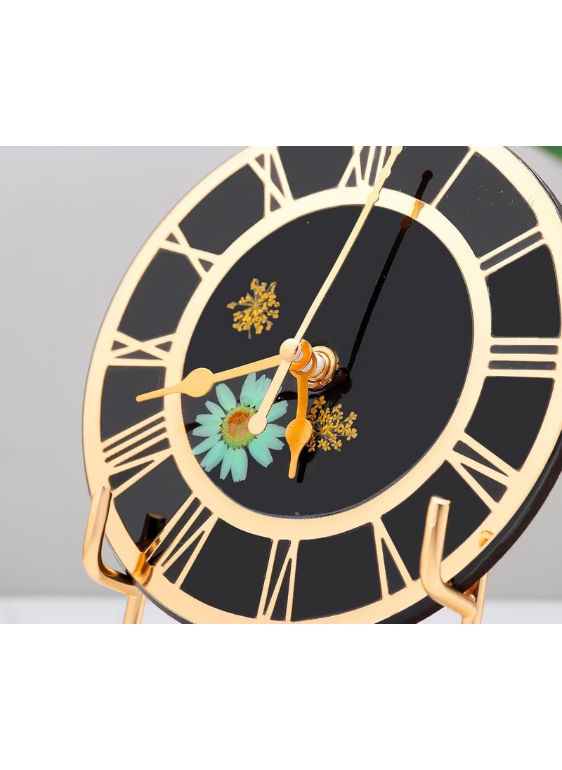 HandArted Statement Resin Table Clock Silent Quartz Battery Powered Elegance Real Flower Preserved 6 Inch Table Clock Black Table Clock