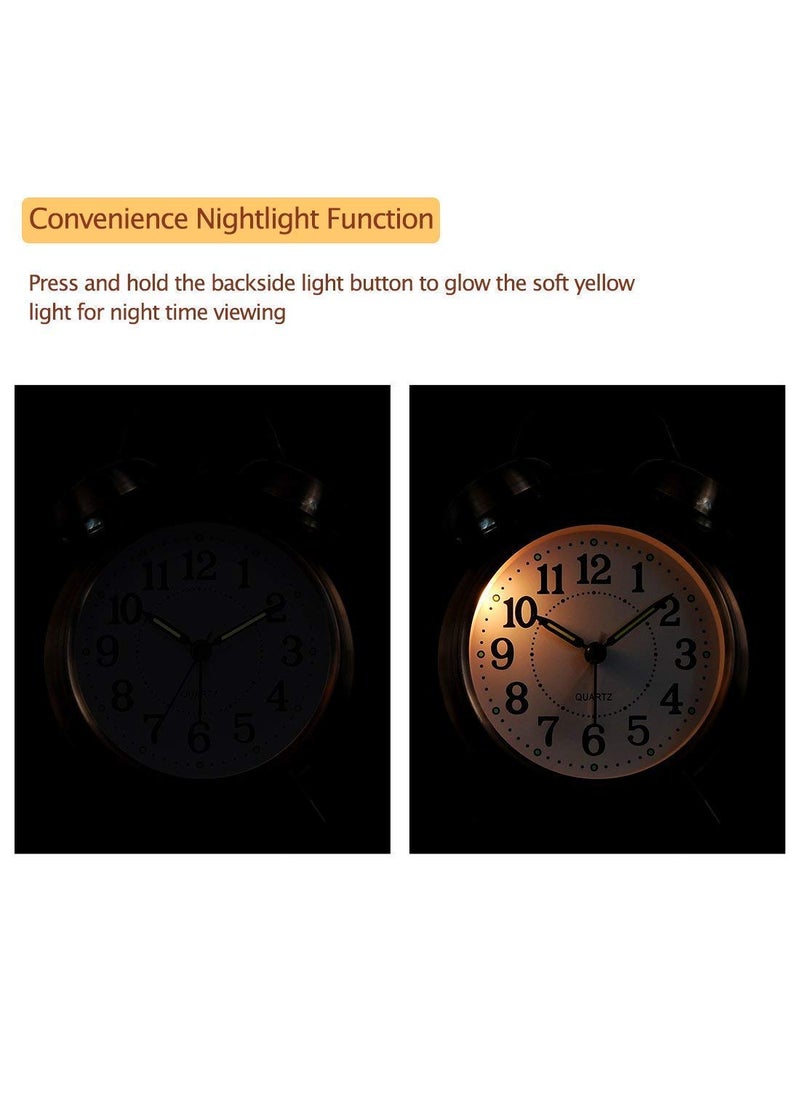ASTOUND Retro Alarm Clock Twin Bell Silent Alarm Clock NonTicking Sweep Bedside Clock Battery Operated Travel Clock with Night Light Loud Alarm