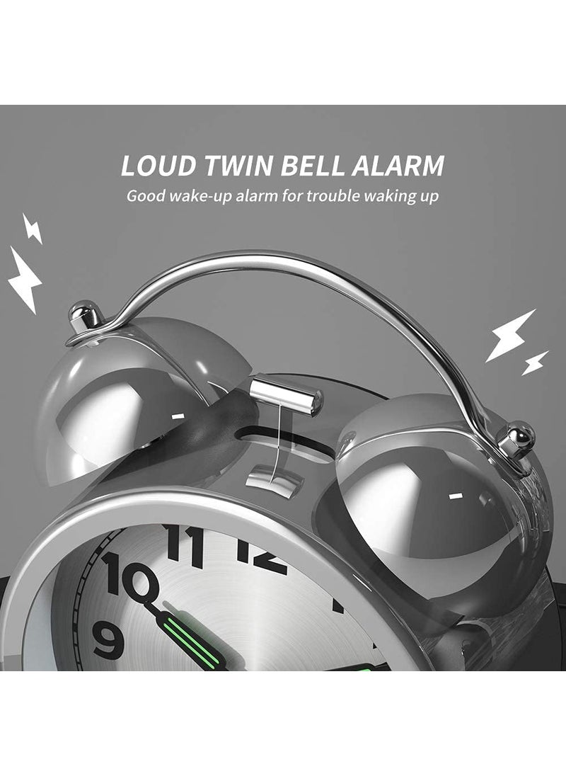 ASTOUND Twin Bell Retro Alarm Clock Loud Battery Operated Non Ticking Bedside Silent Alarm Clocks with Nightlight Luminous for Heavy Sleepers