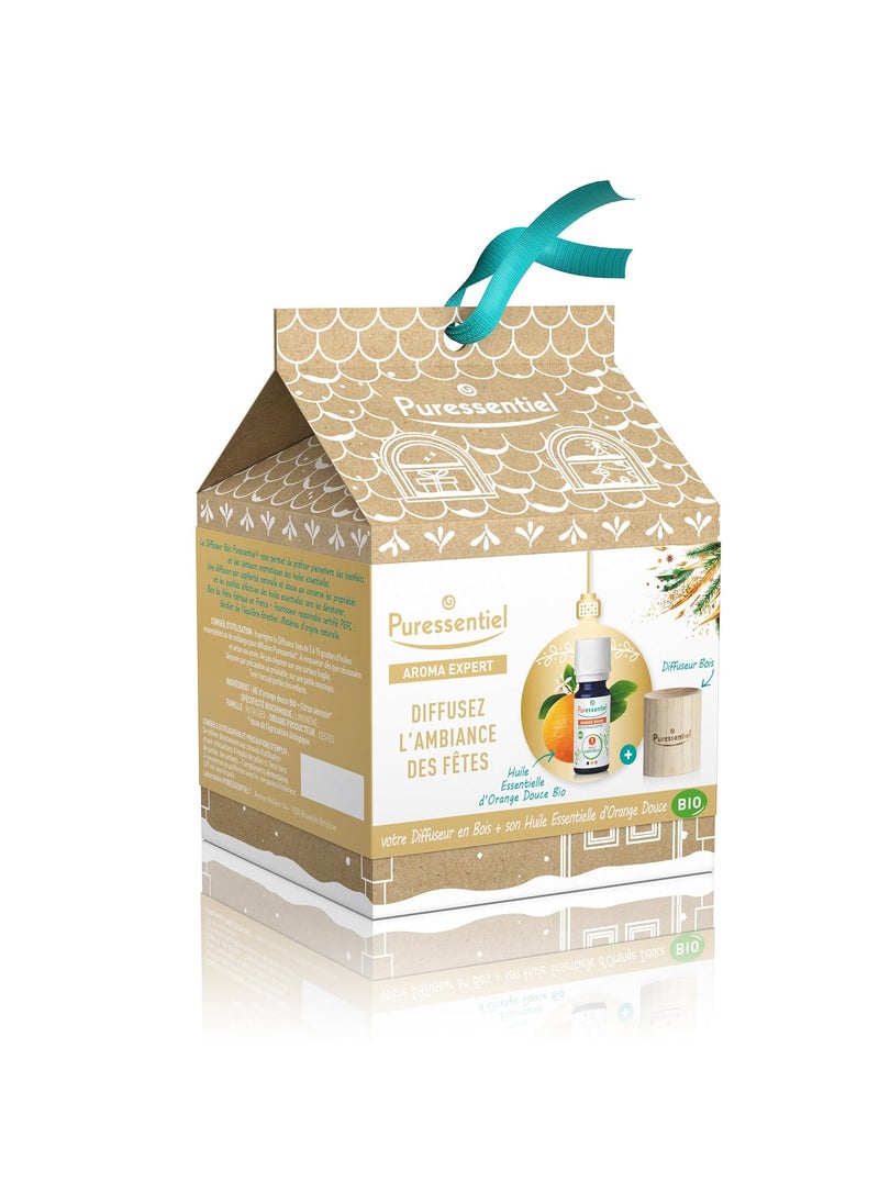 Puressentiel My Wooden Diffuser Kit, 2 Pc Diffuser Kit - Essential Oil Diffuser with Sweet Orange Essential Oil - Fresh, Fruity and Light - Soothing and Relaxing - Diffuse Scent of The Holiday Season