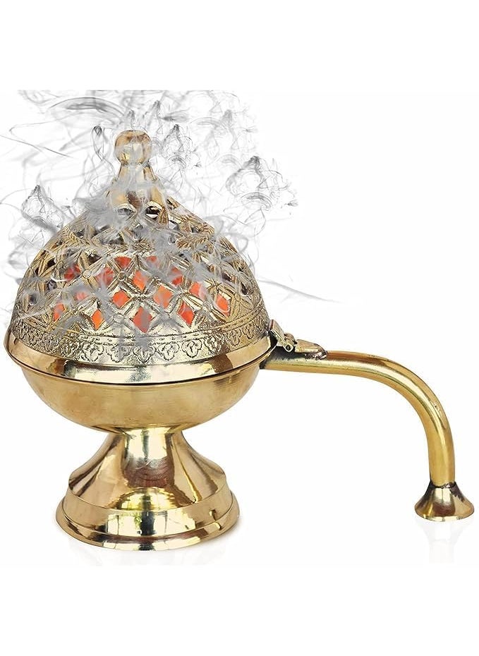 TheKnira Brass Dhuna Loban Burner Round Dhooni Dhoop Dani Incense BurnerTableTop Brass Incense Holder for Loban Elegant and Traditional Dhoop Dani for Purifying Home