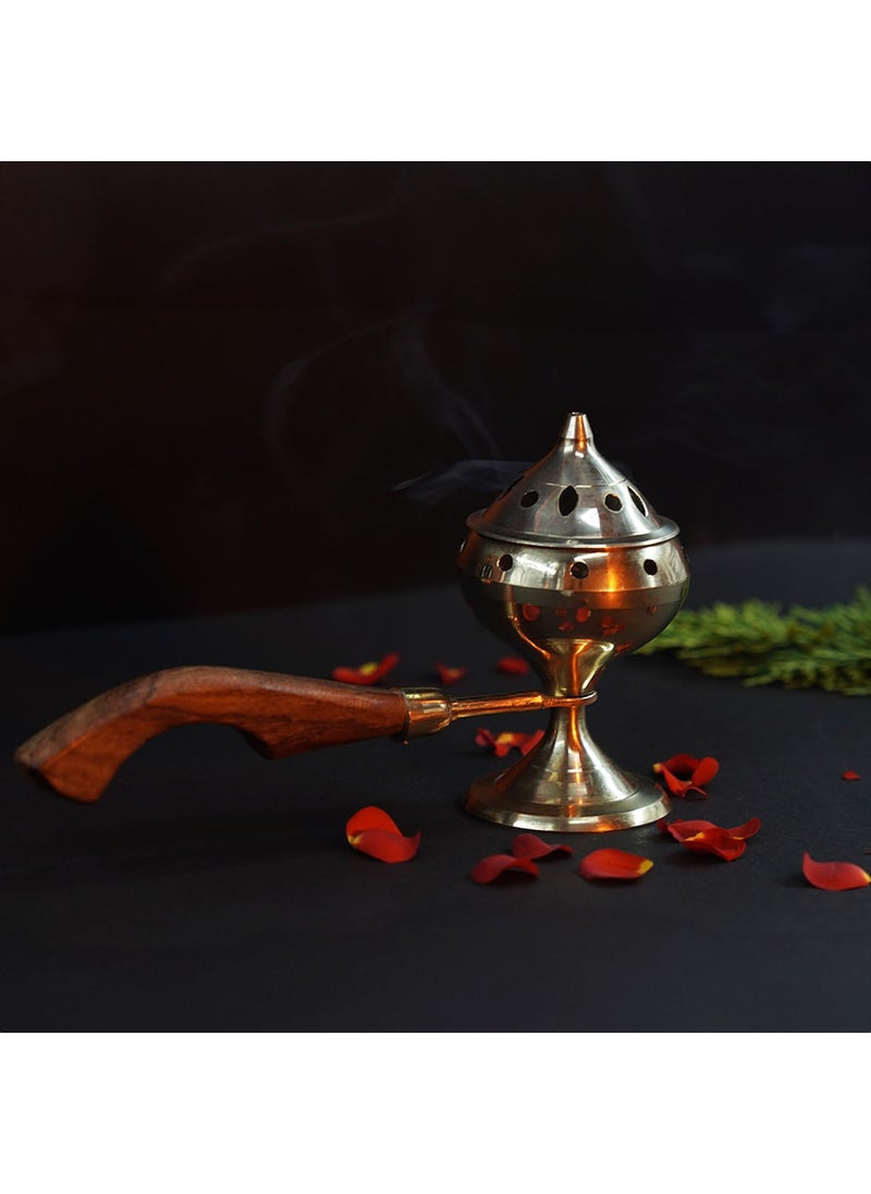Dalvkot Brass Sambrani Stand Loban Dhoop Burner with Wooden Holder