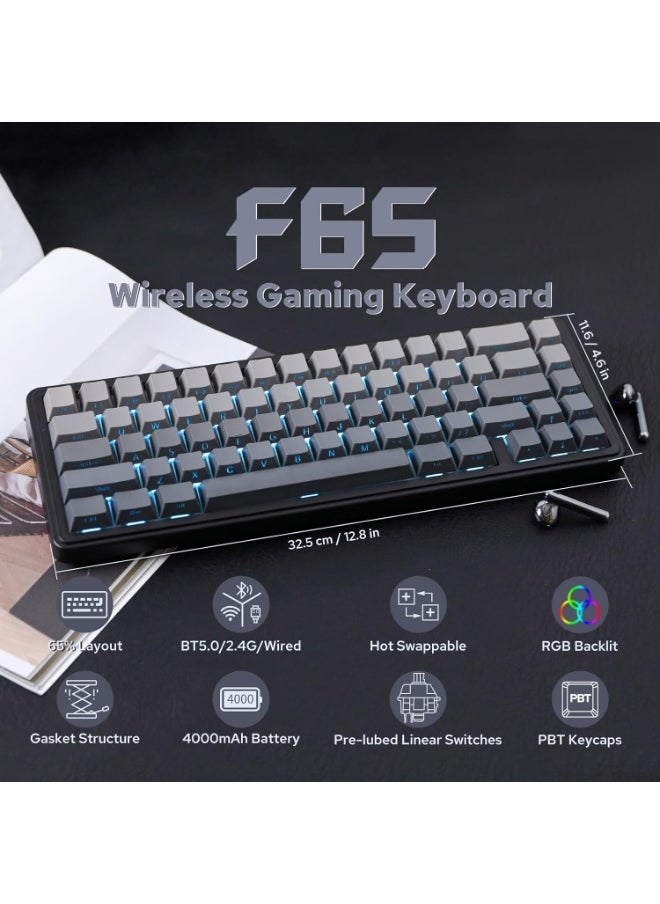 F65 65% Wireless Mechanical Keyboard, Hot Swappable Greywood V3 Switch Gasket Custom Gaming Keyboard with Five-Layer Padding, RGB Backlit, Bluetooth/2.4GHz/USB-C
