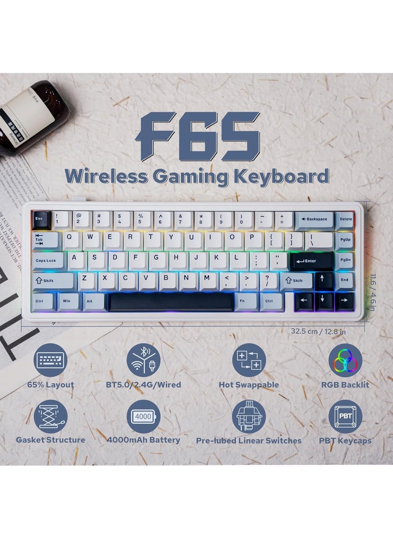 F65 65% Wireless Mechanical Keyboard, Hot Swappable Reaper Switch Gasket Custom Gaming Keyboard with Five-Layer Padding, RGB Backlit, Bluetooth/2.4GHz/USB-C