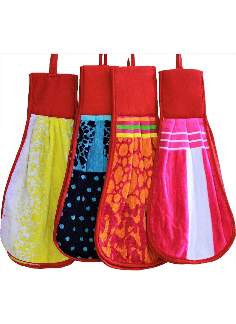 VORDVIGO Double Sided Printed Soft Cotton Hanging Hand Towel Napkin for Wash and Kitchen Basin Multicolor Pack of 4