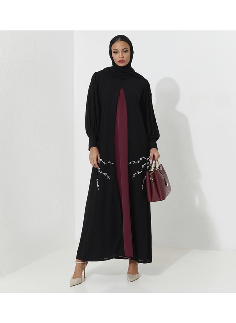 Abaya Set with silver hand Embroidery With red dress inside