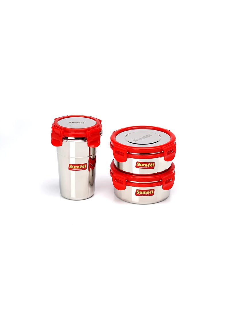 Sumeet Red Meal Statinless Steel Lunch box combo 2 Container (350Ml), 1 Tumbler (400Ml)