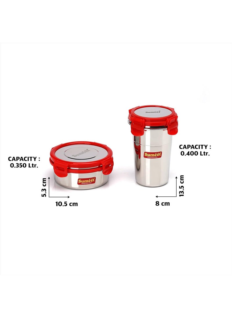 Sumeet Red Meal Statinless Steel Lunch box combo 2 Container (350Ml), 1 Tumbler (400Ml)