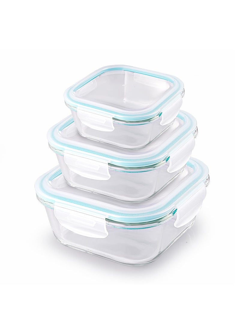ATTRO Glassox Classic Square Lunch Box with Locking Lid Borosilicate Glass Lunch Box Fridge Organizer Food Storage Microwave Freezer Safe Set of 3 310ML 530ML 800MLTransparent