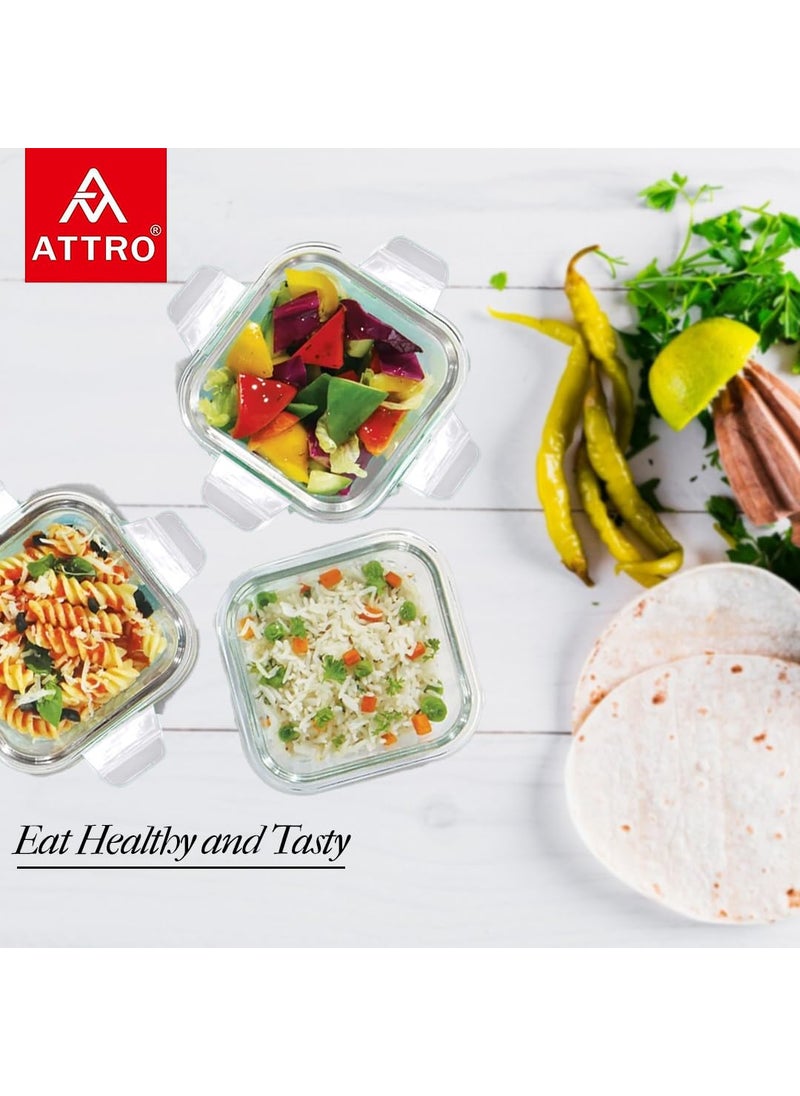 ATTRO Glassox Classic Square Lunch Box with Locking Lid Borosilicate Glass Lunch Box Fridge Organizer Food Storage Microwave Freezer Safe Set of 3 310ML 530ML 800MLTransparent