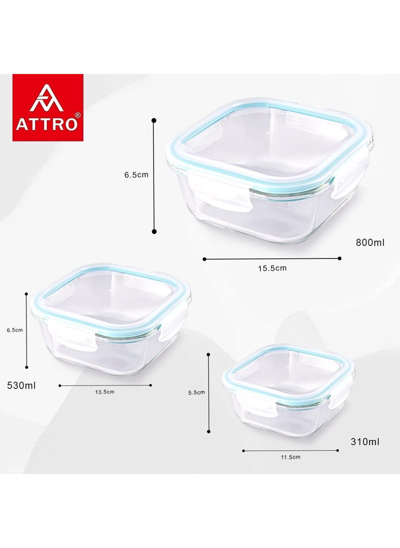 ATTRO Glassox Classic Square Lunch Box with Locking Lid Borosilicate Glass Lunch Box Fridge Organizer Food Storage Microwave Freezer Safe Set of 3 310ML 530ML 800MLTransparent