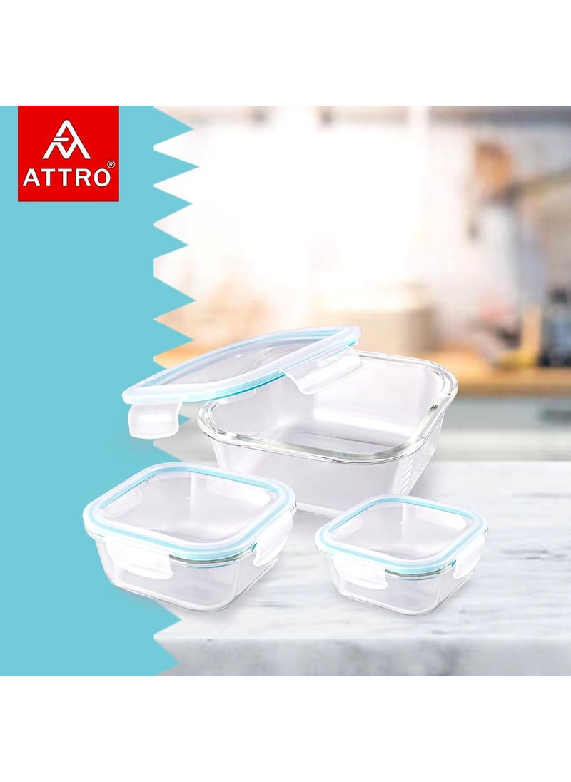 ATTRO Glassox Classic Square Lunch Box with Locking Lid Borosilicate Glass Lunch Box Fridge Organizer Food Storage Microwave Freezer Safe Set of 3 310ML 530ML 800MLTransparent