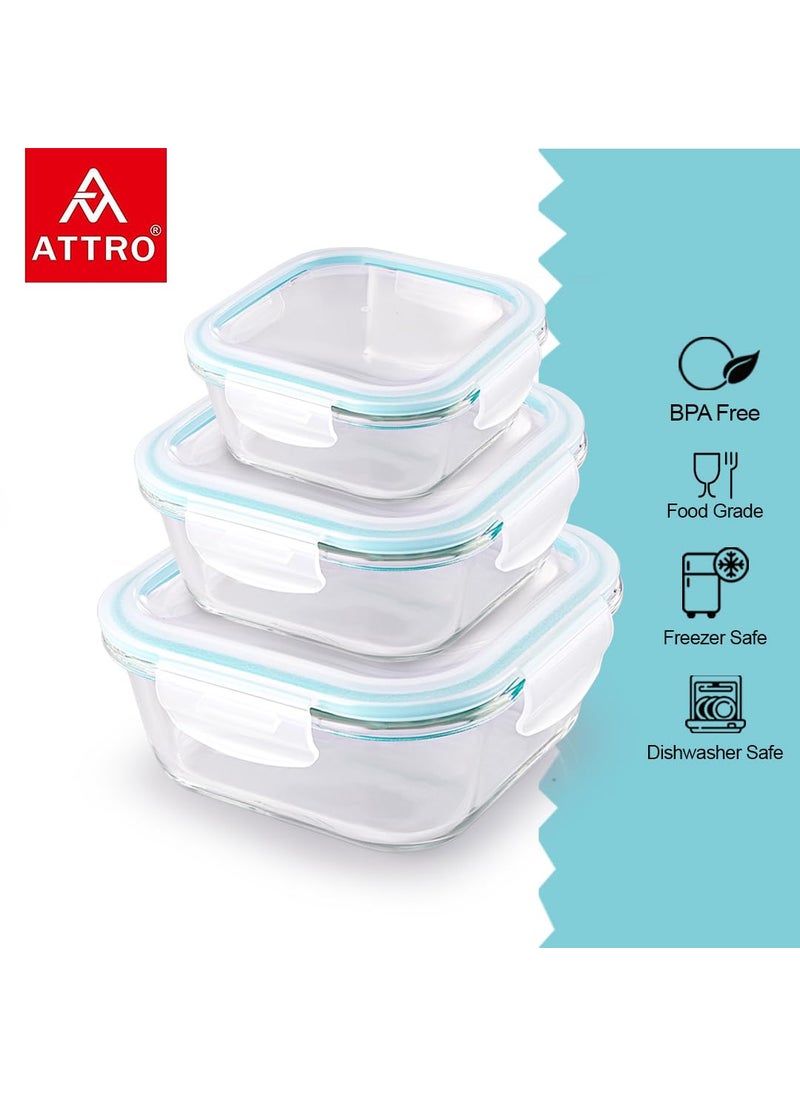 ATTRO Glassox Classic Square Lunch Box with Locking Lid Borosilicate Glass Lunch Box Fridge Organizer Food Storage Microwave Freezer Safe Set of 3 310ML 530ML 800MLTransparent