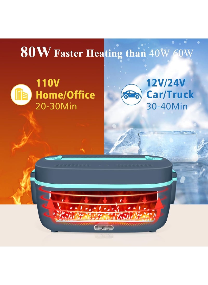 PRIME PICK Electric Lunch Box 80W Heated Lunch Box 18L 4 in1 Portable Food Warmer with Detachable Dividers for CarTruckOffice 12V24V110V Leakproof Lunch Heater Dark Blue